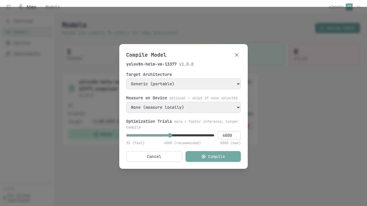 Compile modal — target architecture, measure-on-device, and autotune trial count